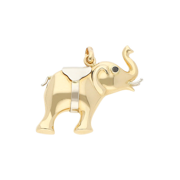 Dije hueco con sintéticos motivo elefante en oro dos tonos 14 kilates.