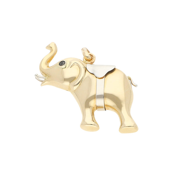 Dije hueco con sintéticos motivo elefante en oro dos tonos 14 kilates.