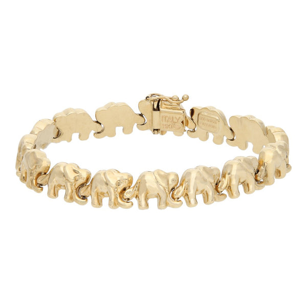Pulsera eslabón hueco motivo elefante en oro amarillo 14 kilates.
