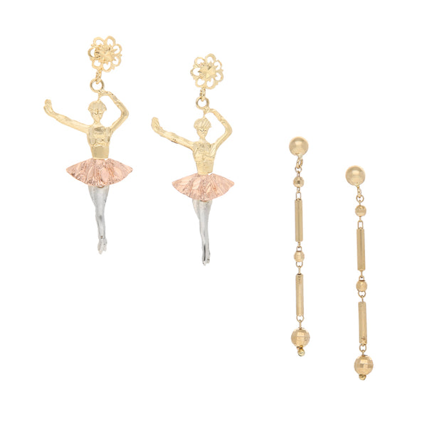 Dos broqueles diseño especial uno motivo bailarina en oro tres tonos 14 kilates.