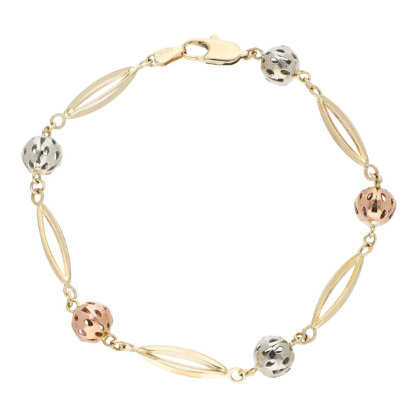 Pulsera eslabón calado en oro tres tonos 14 kilates.