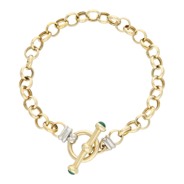Pulsera eslabón cruzado con sintéticos en oro amarillo 14 kilates.