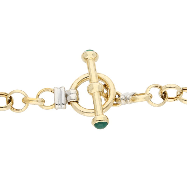 Pulsera eslabón cruzado con sintéticos en oro amarillo 14 kilates.