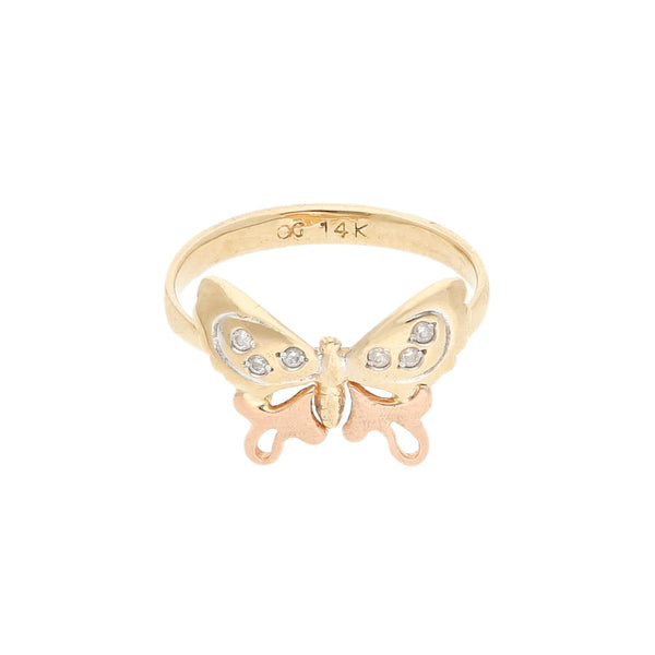 Anillo diseño especial con circonias motivo mariposa en oro dos tonos 14 kilates.
