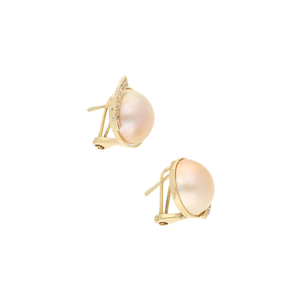 Aretes diseño especial con diamantes y perlas en oro amarillo 14 kilates.