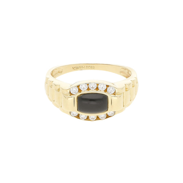Anillo diseño especial con sintéticos en oro amarillo 14 kilates.
