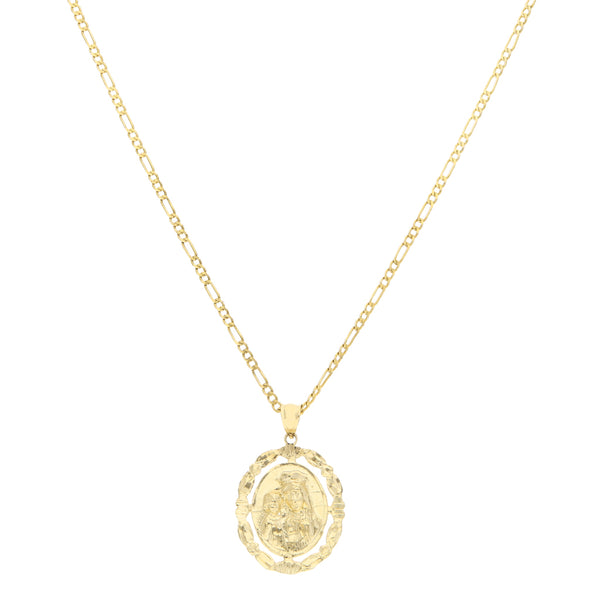 Collar de tres eslabones por uno y medalla imagen doble motivo vírgenes en oro amarillo 14 kilates.