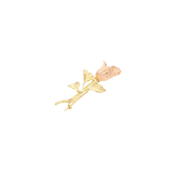 Prendedor diseño especial motivo rosa en oro dos tonos 14 kilates.