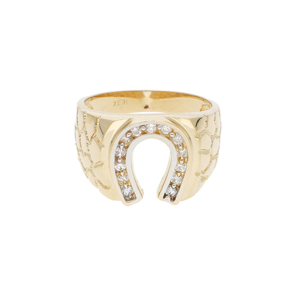 Anillo barroco con sintéticos motivo herradura en oro amarillo 14 kilates.