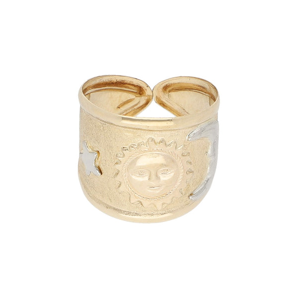 Anillo laminado motivo sol, luna y estrella en oro amarillo 14 kilates.