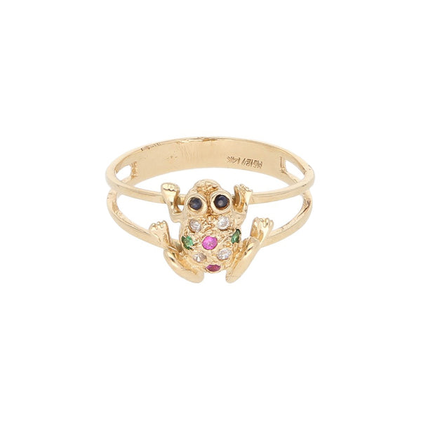 Anillo calado motivo rana con sintéticos en oro amarillo 14 kilates.
