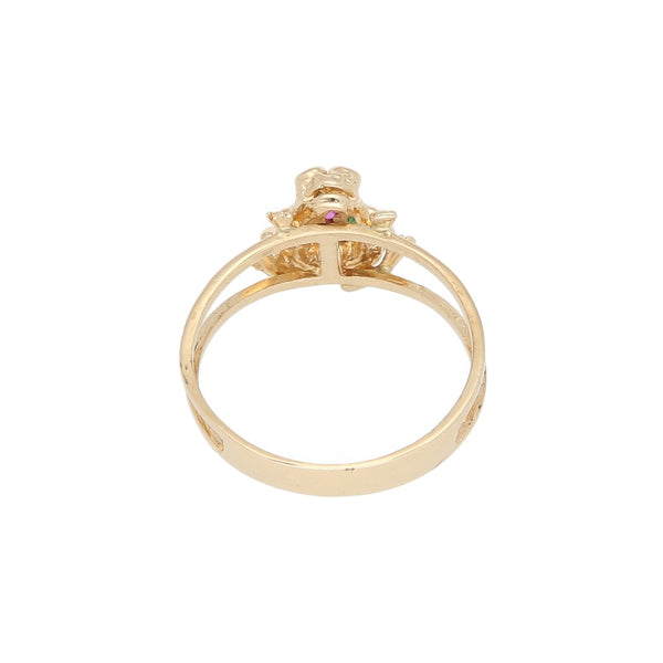 Anillo calado motivo rana con sintéticos en oro amarillo 14 kilates.