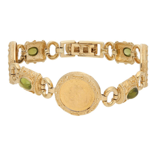 Pulsera eslabón combinado con tres monedas de dos y medio pesos oro amarillo de 21.6 kilates y 14 kilates.