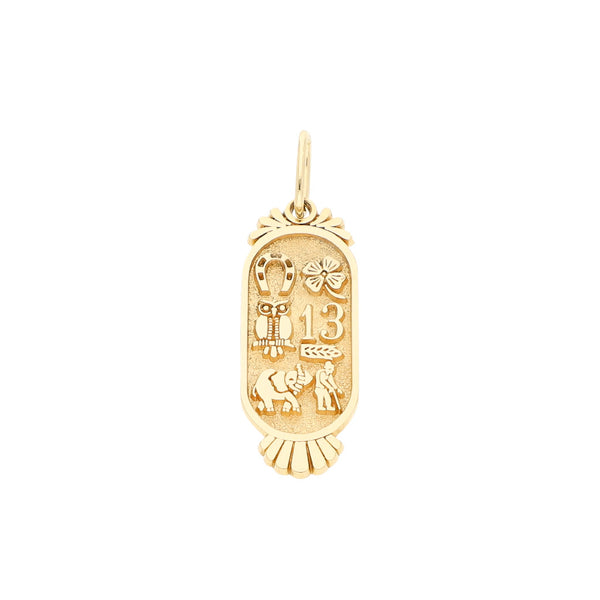 Dije labrado motivos de la suerte en oro amarillo 14 kilates.