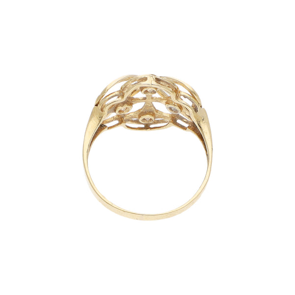 Anillo calado motivo trébol con sintéticos en oro amarillo 14 kilates.