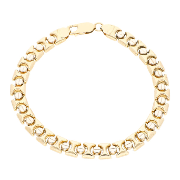 Pulsera eslabón articulado motivo tornillos simulados en oro amarillo 14 kilates.