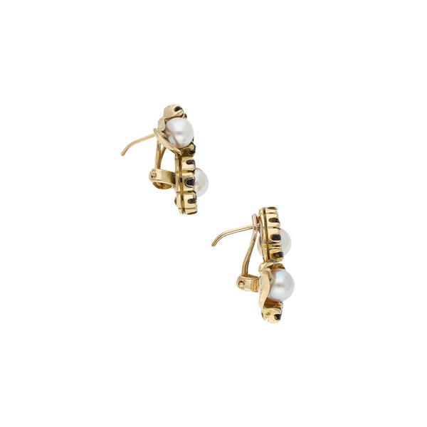 Aretes diseño especial con zafiros y perlas en oro amarillo 14 kilates.