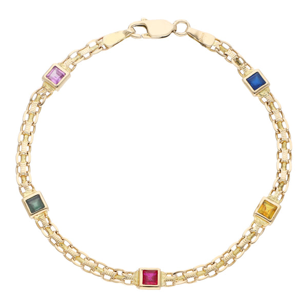 Pulsera eslabón tejido con sintéticos en oro amarillo 14 kilates.