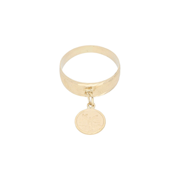 Anillo diseño especial con colgante motivo moneda en oro amarillo 14 kilates.