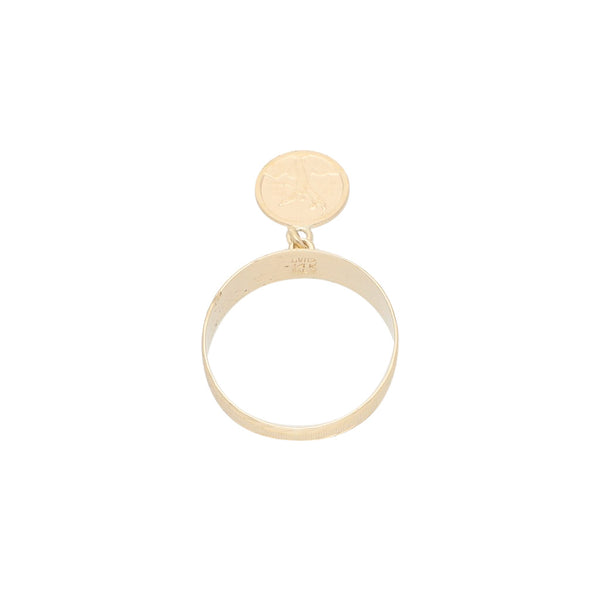 Anillo diseño especial con colgante motivo moneda en oro amarillo 14 kilates.