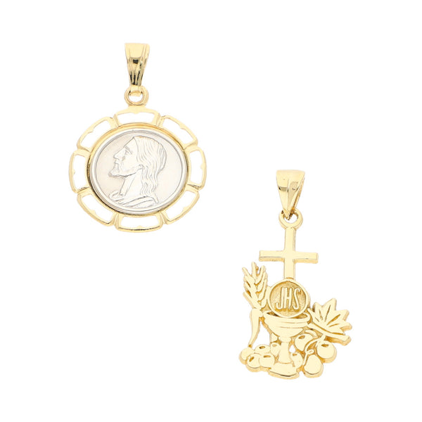Dos medallas diseño especial motivo Divino Rostro y Eucaristía en oro dos tonos 14 kilates.