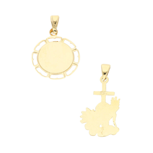 Dos medallas diseño especial motivo Divino Rostro y Eucaristía en oro dos tonos 14 kilates.