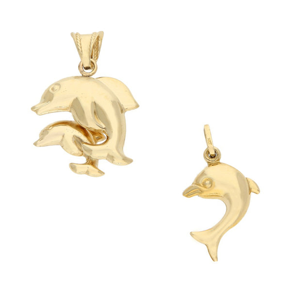 Dos dijes huecos especial motivo delfines en oro amarillo 14 kilates.