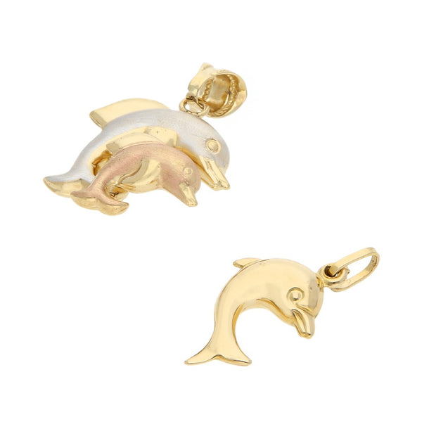 Dos dijes huecos especial motivo delfines en oro amarillo 14 kilates.