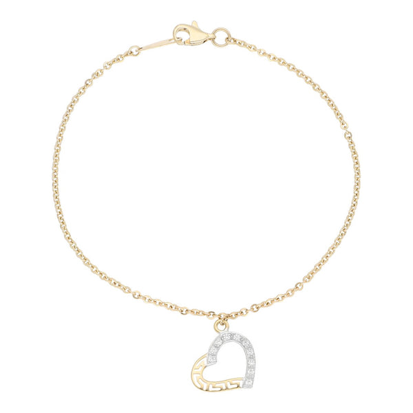 Pulsera eslabón cruzado con colgante motivo corazón platinado y sintéticos en oro amarillo 14 kilates.