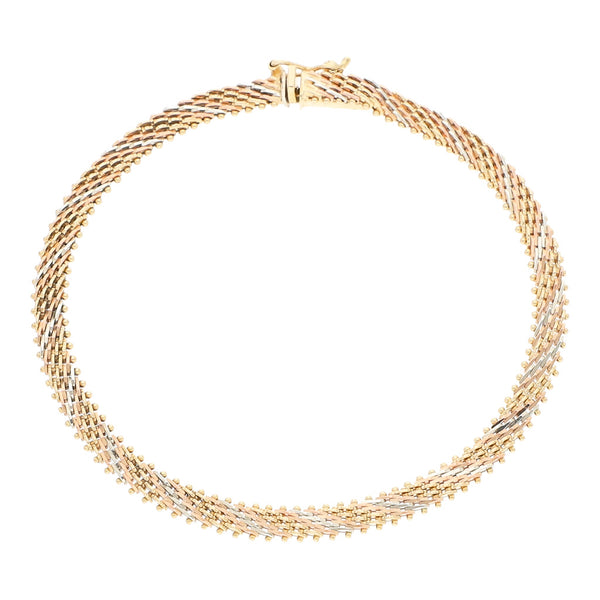 Pulsera eslabón boleado en oro tres tonos 14 kilates.