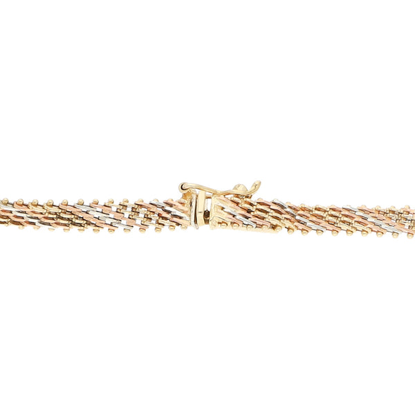 Pulsera eslabón boleado en oro tres tonos 14 kilates.