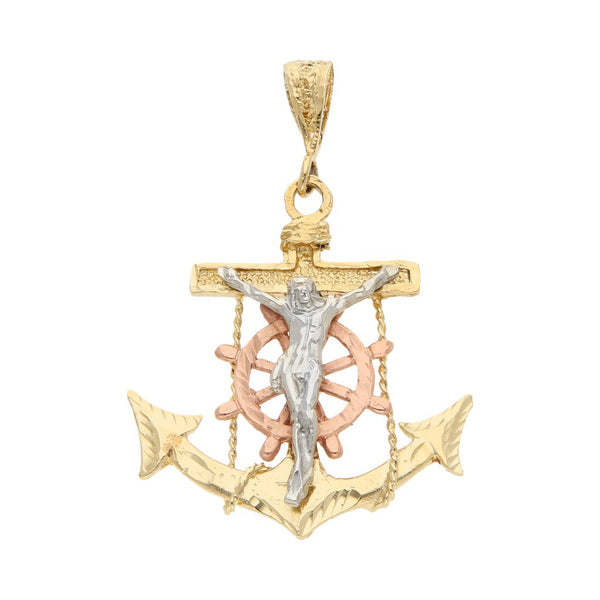 Crucifijo diseño especial motivo ancla en oro tres tonos 14 kilates.