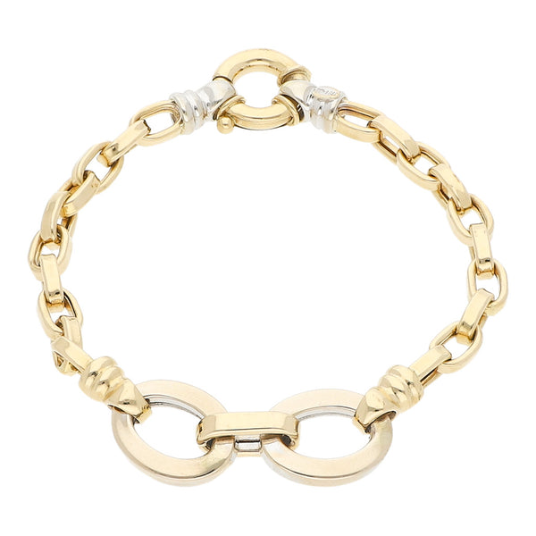 Pulsera eslabón cruzado con aplicaciones en oro dos tonos 14 kilates.