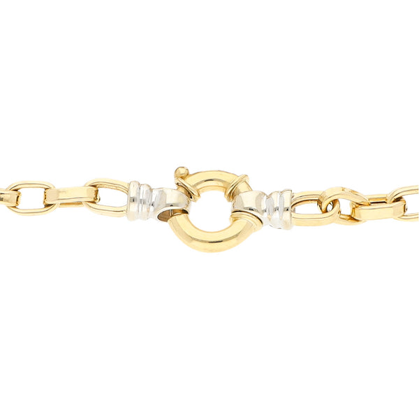Pulsera eslabón cruzado con aplicaciones en oro dos tonos 14 kilates.