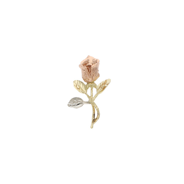 Dije diseño especial motivo rosa en oro tres tonos 14 kilates.