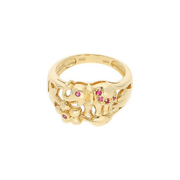 Anillo diseño especial con rubíes motivo elefantes en oro amarillo 14 kilates.