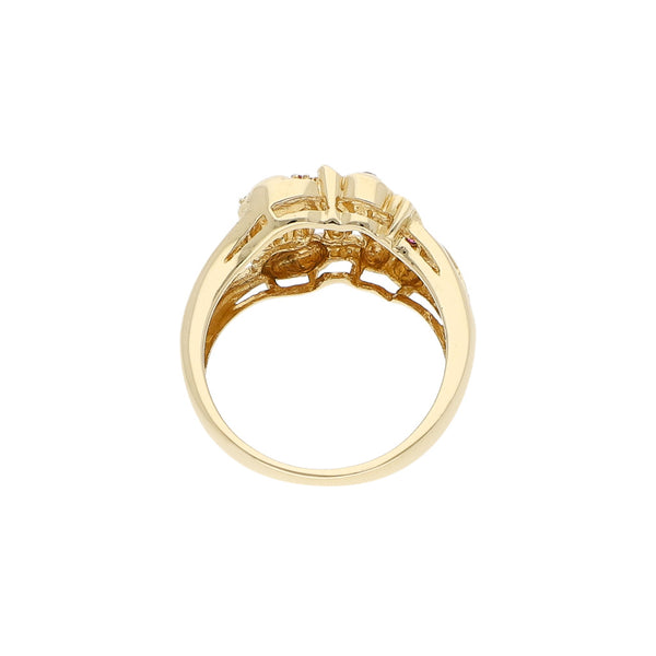 Anillo diseño especial con rubíes motivo elefantes en oro amarillo 14 kilates.