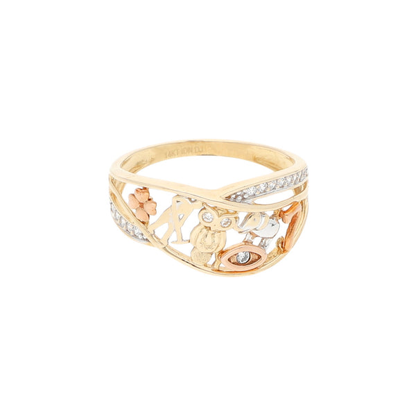 Anillo calado motivo figuras diferentes con circonias en oro dos tonos 14 kilates.