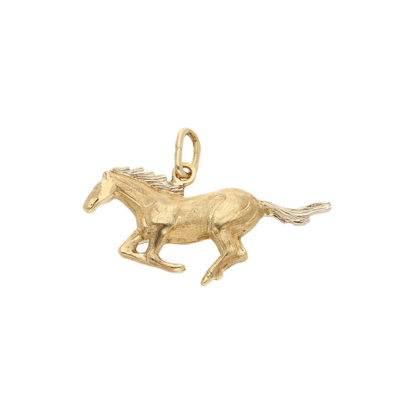 Dije labrado motivo caballo en oro dos tonos 14 kilates.