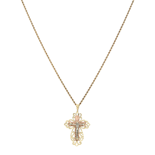 Collar eslabón torzal y crucifijo calado en oro tres tonos 14 kilates.