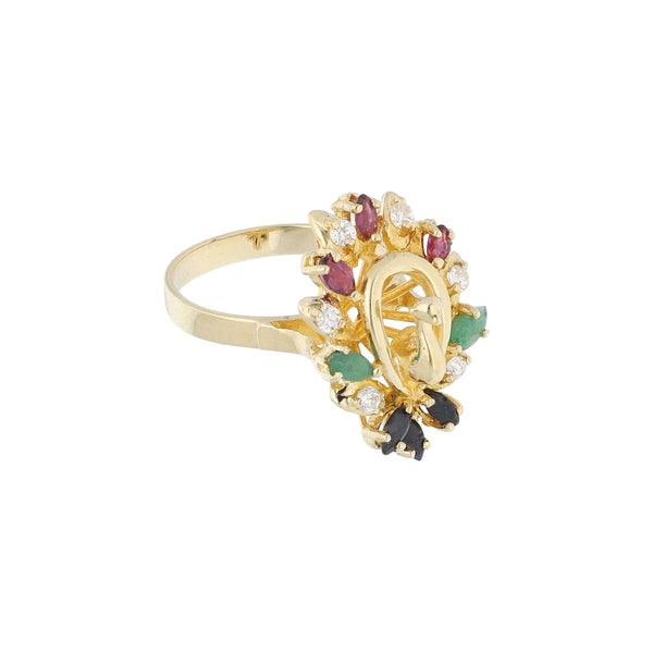 Anillo diseño especial con esmeraldas, rubíes, zafiros y circonias motivo pavo real en oro amarillo 14 kilates.