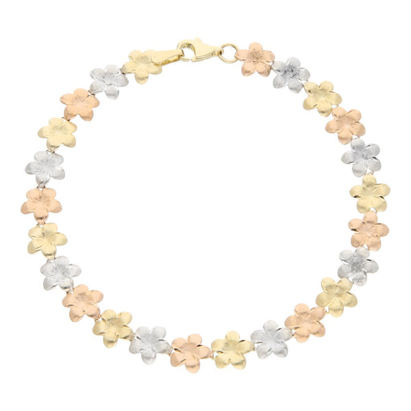 Pulsera eslabón articulado motivo flor en oro tres tonos 14 kilates.