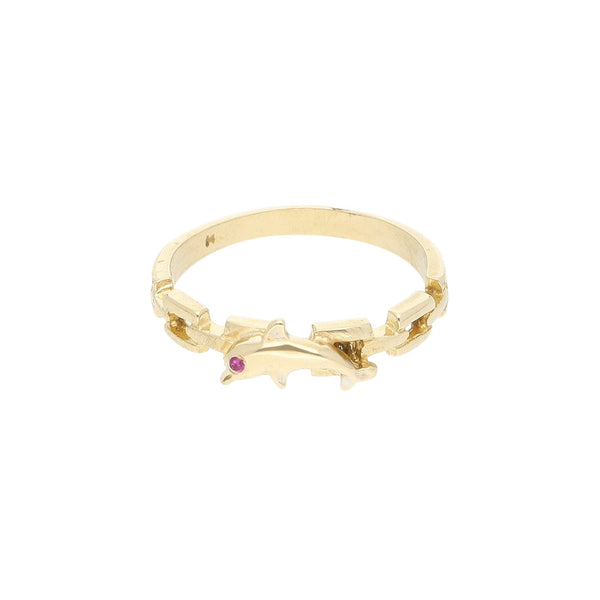 Anillo diseño especial con sintético motivo delfín en oro amarillo 14 kilates.