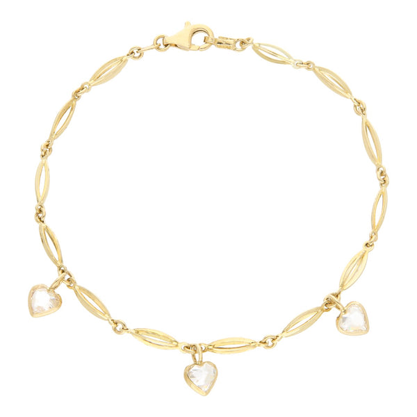 Pulsera eslabón articulado con colgantes motivo corazón y sintéticos en oro amarillo 14 kilates.