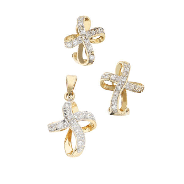 Juego de dije y aretes diseño especial con sintéticos en oro amarillo 12 kilates.