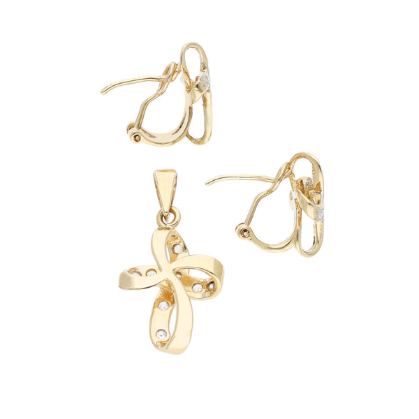 Juego de dije y aretes diseño especial con sintéticos en oro amarillo 12 kilates.