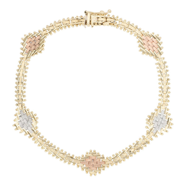 Pulsera eslabón boleado en oro tres tonos 14 kilates.