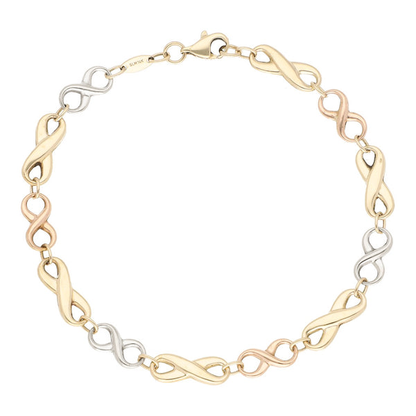 Pulsera eslabón articulado motivo infinito en oro tres tonos 14 kilates.