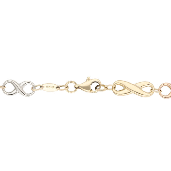 Pulsera eslabón articulado motivo infinito en oro tres tonos 14 kilates.