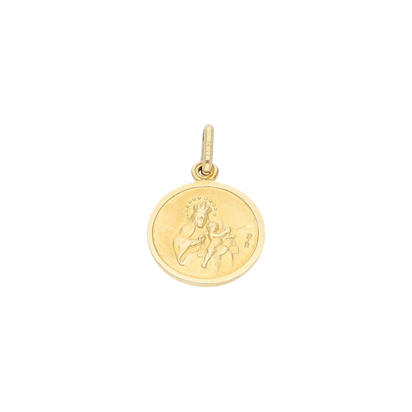 Medalla imagen doble motivo Virgen y Sagrado Corazón de Jesús en oro amarillo 14 kilates.